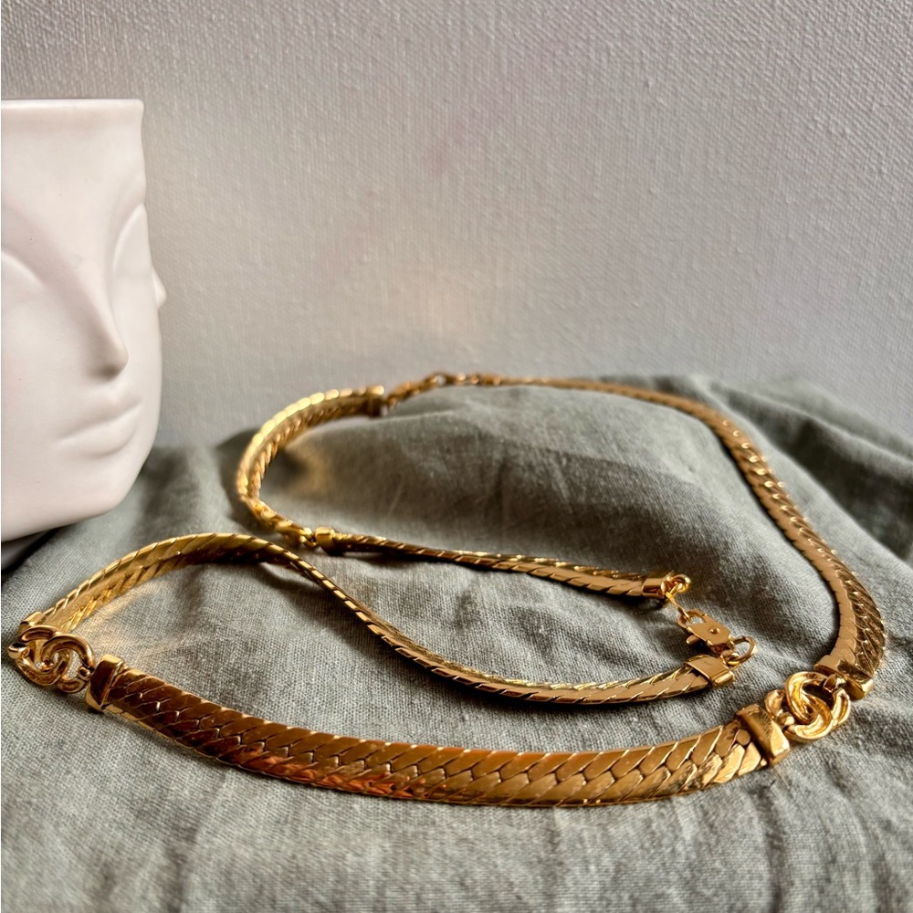 Gold Herringbone Chain Necklace - Shiny Gold Tone